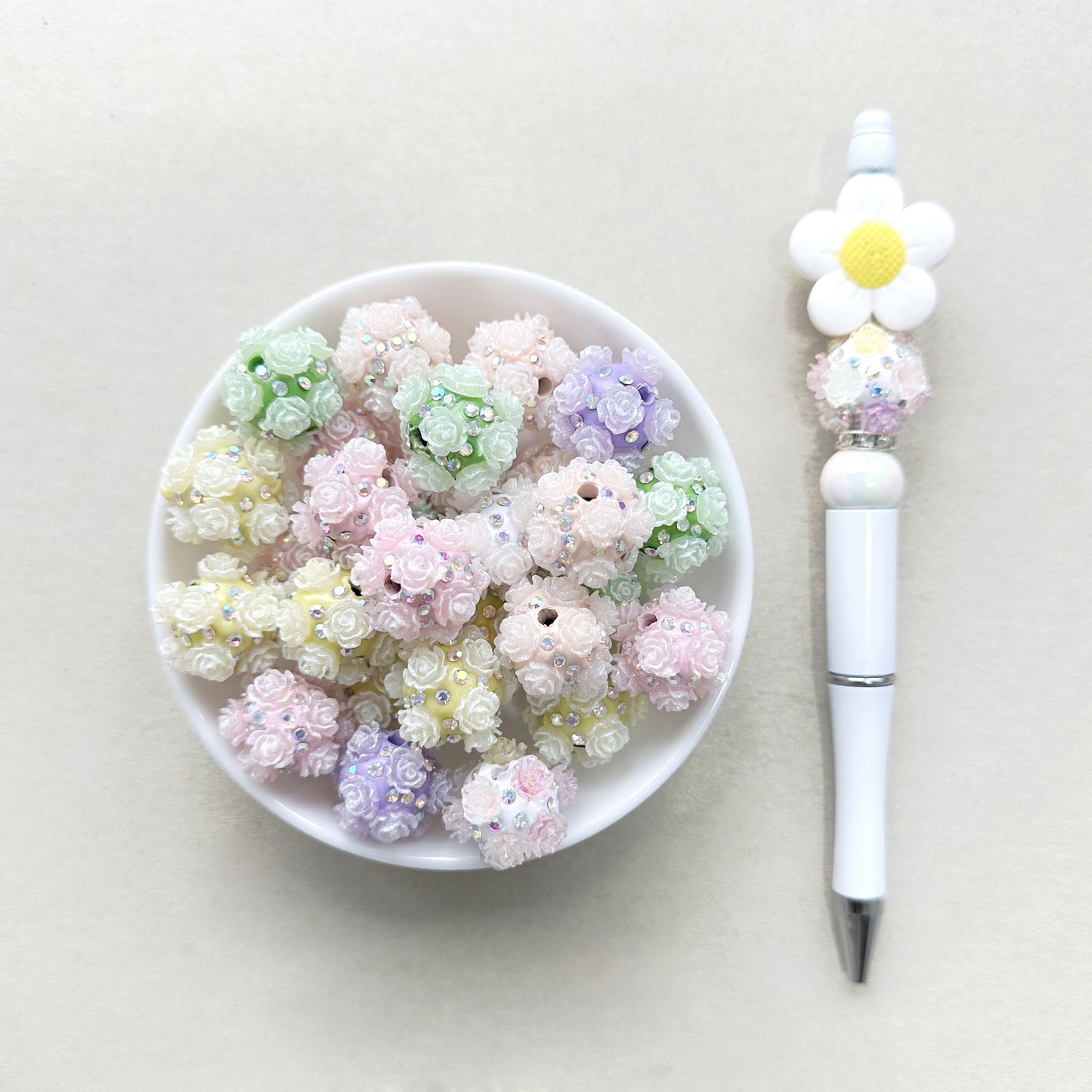 Flower Rhinestone Polymer Clay Beads, Flower Bubblegum Beads