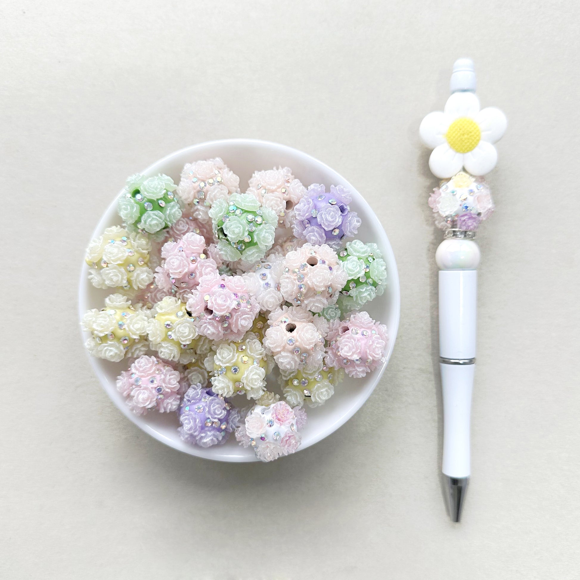 Flower Rhinestone Polymer Clay Beads, Flower Bubblegum Beads