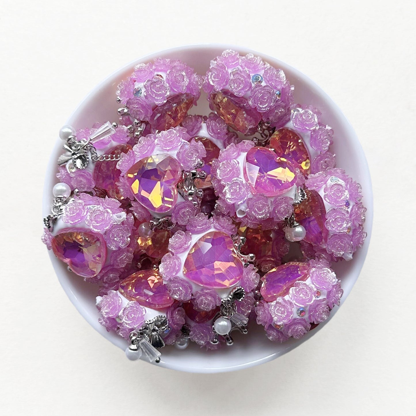 Fancy Flower Heart Gem Beads,Sparkling Polymer Clay Dangly Bead