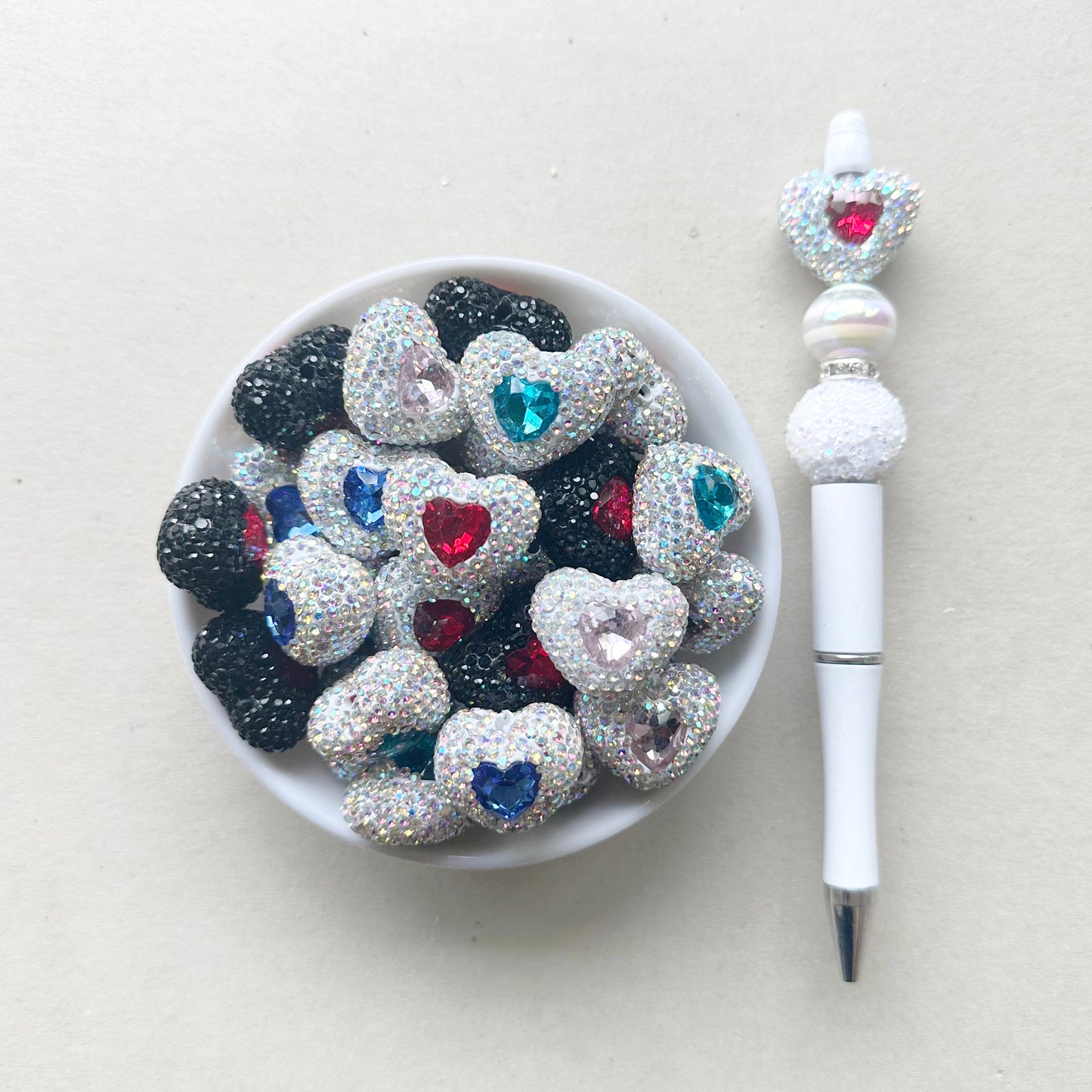 Heart Gem Rhinestone Pave Polymer Clay Beads Mix