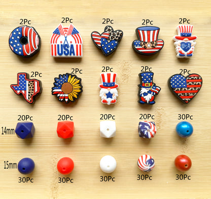 4th of July Silicone Beads, 280Pcs Assorted Pack, Patriotic Beads