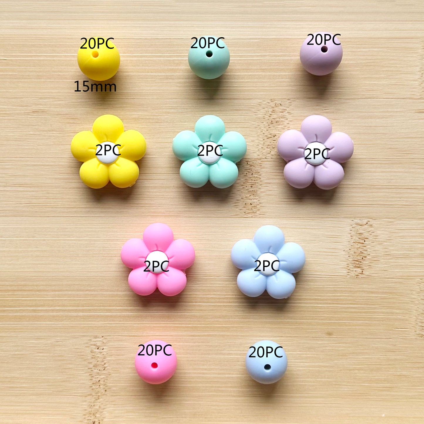 Flower Focal And 15mm Silicone Beads Assorted Pack 110Pcs