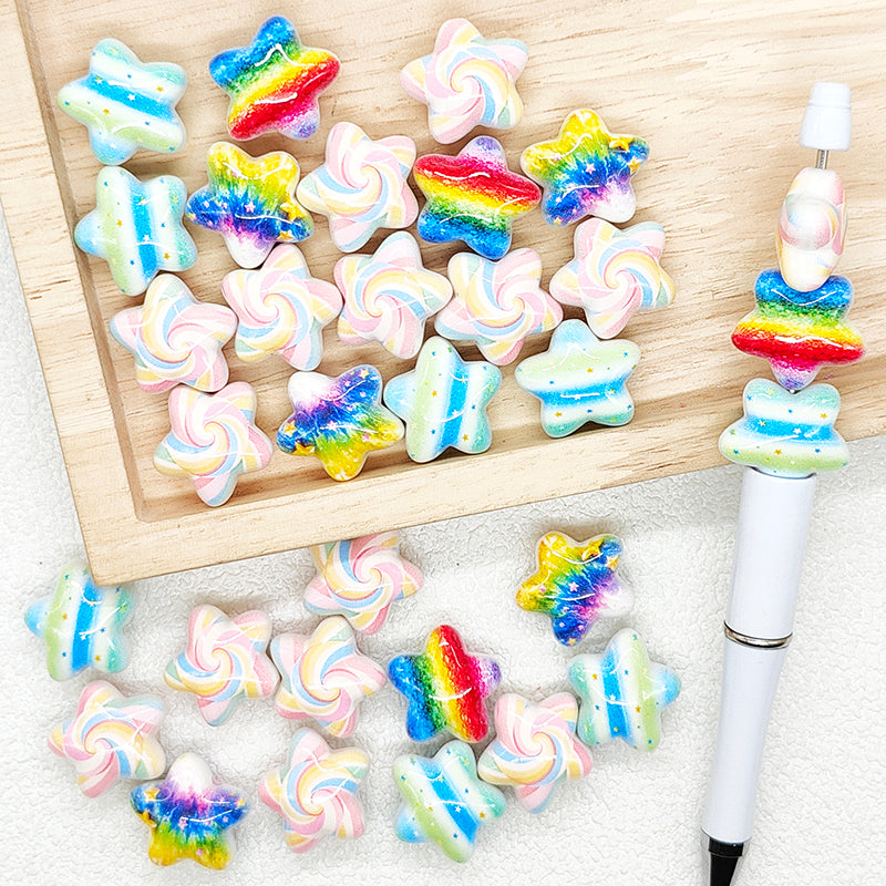 Rainbow Swirl Star Printed Acrylic Beads for Beadable Pen