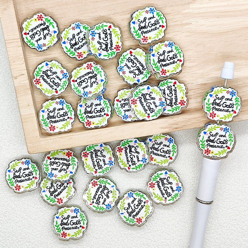 Stop and Feel Gods Acrylic Beads,Floral Religious Quote Flat Beads