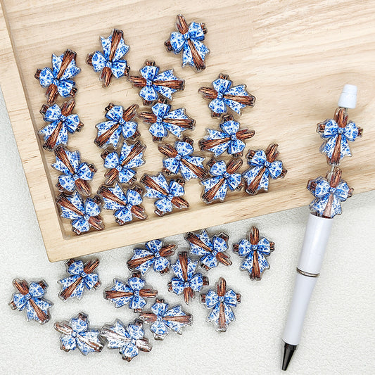 Vintage Blue Floral Bow Cross Beads,Flat Acrylic Religion Beads