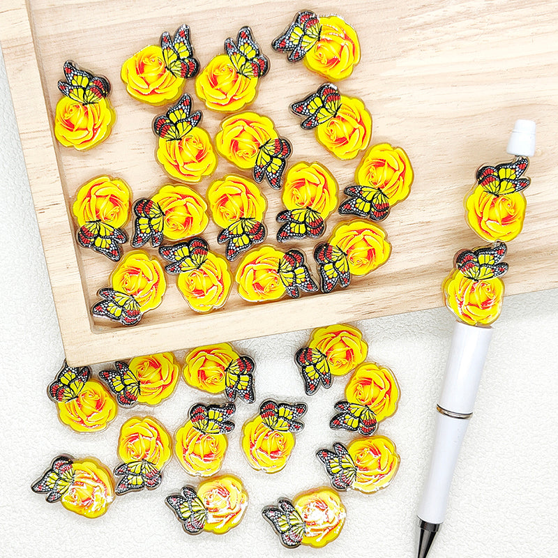 Yellow Rose Butterfly Flat Acrylic Beads,Loose Focal Beads