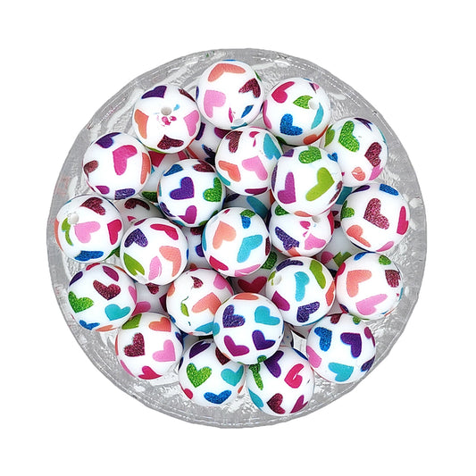 15mm Colorful Love Print Round Silicone Beads