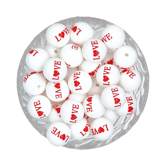 15mm White Love Print Round Silicone Beads