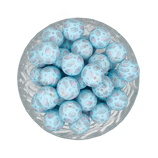 15mm Blue Shell Print Round Silicone Beads