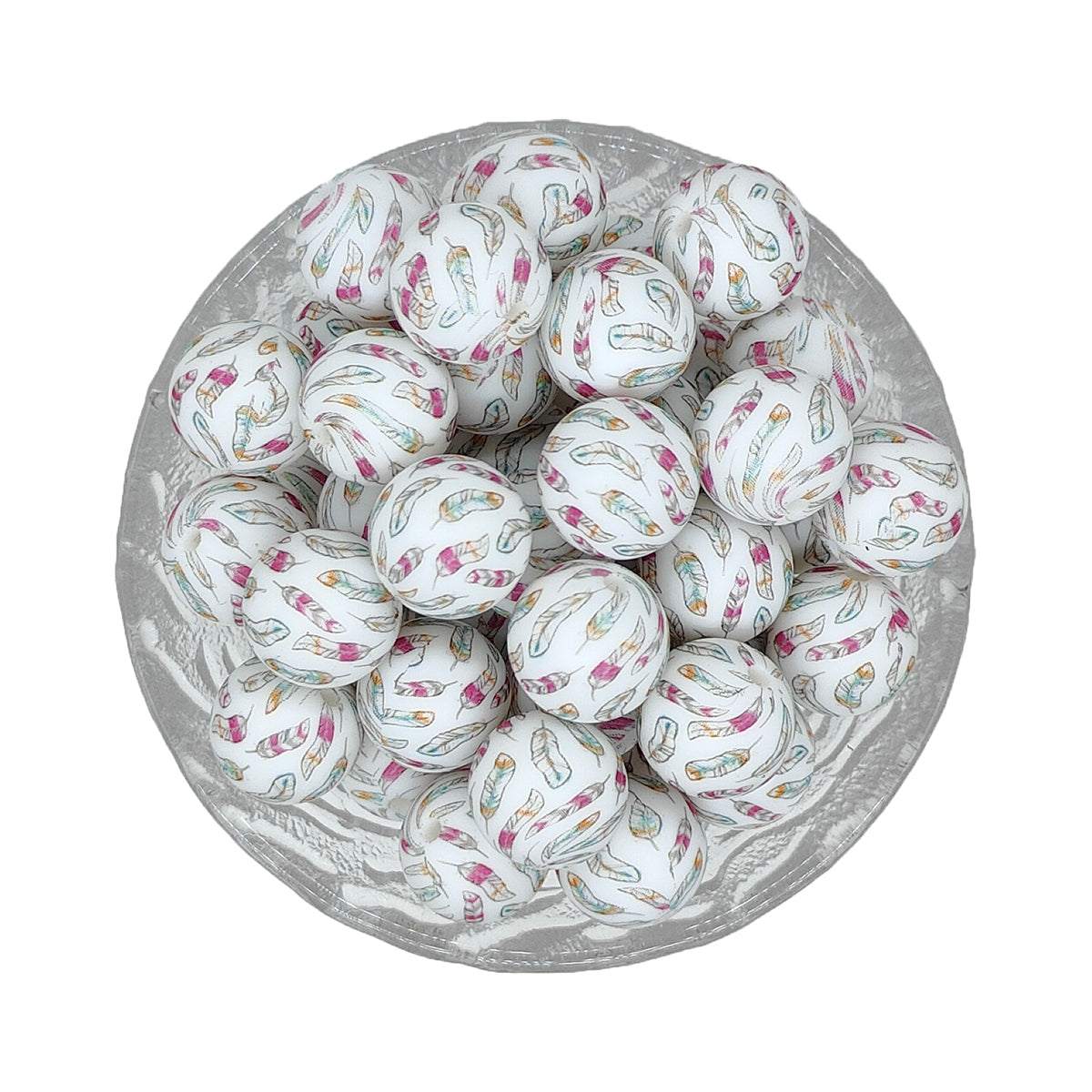 15mm Feather Print Round Silicone Beads