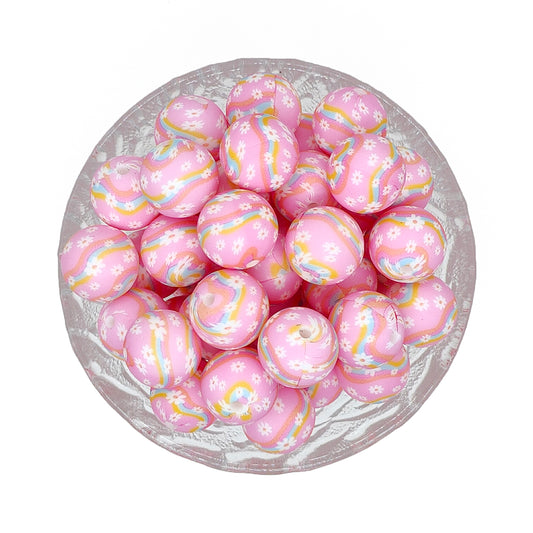 15mm Rainbow Daisy Print Round Silicone Beads