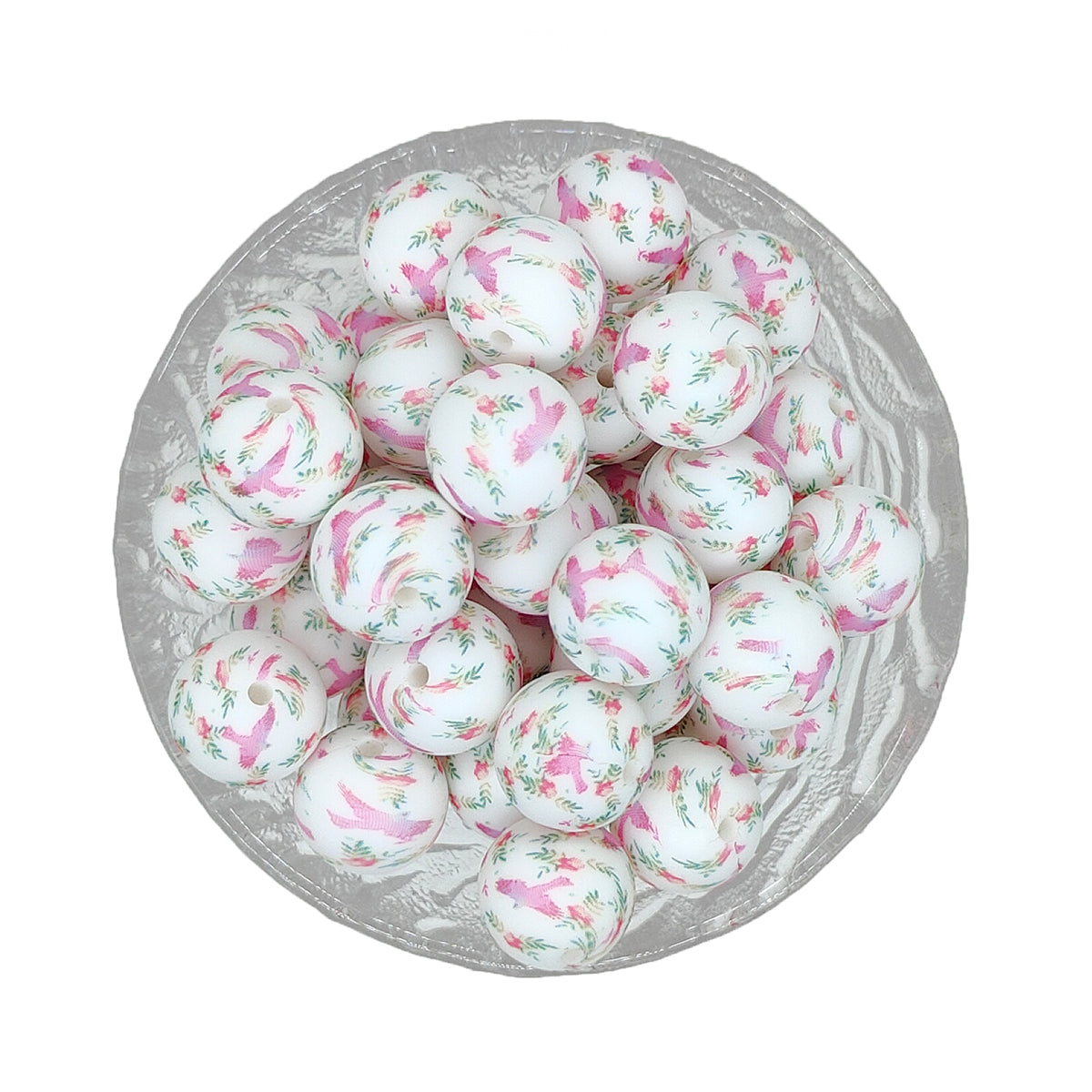 15mm Pink Bird Print Round Silicone Beads