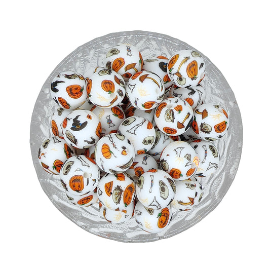 15mm Pumpkin Print Round Silicone Beads