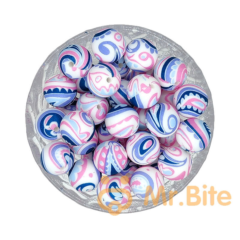15mm New Round Print Silicone Beads