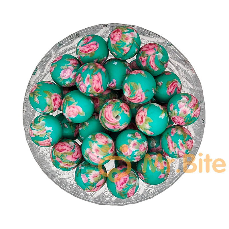 15mm Flower Print Silicone Beads - Round