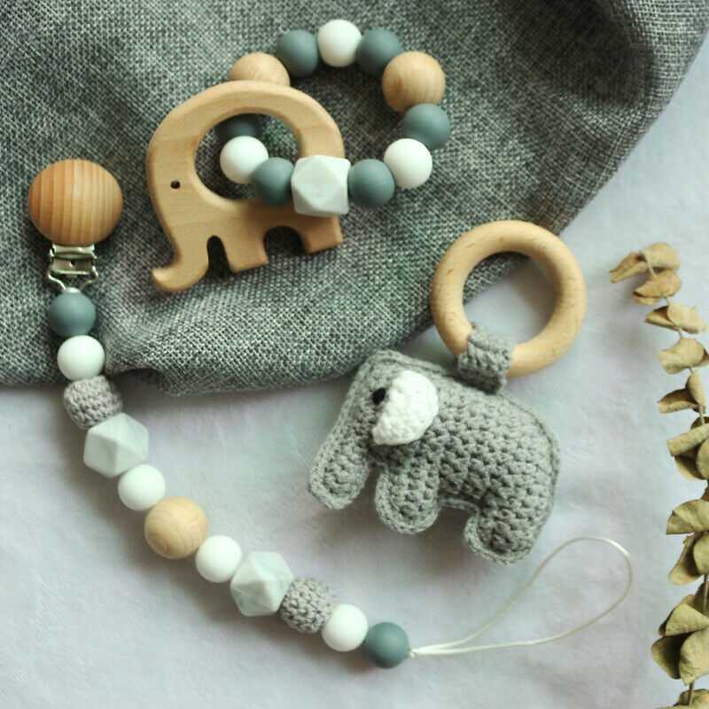 Pacifier Clip Crochet Elephant Rattle Toy Set - Grey