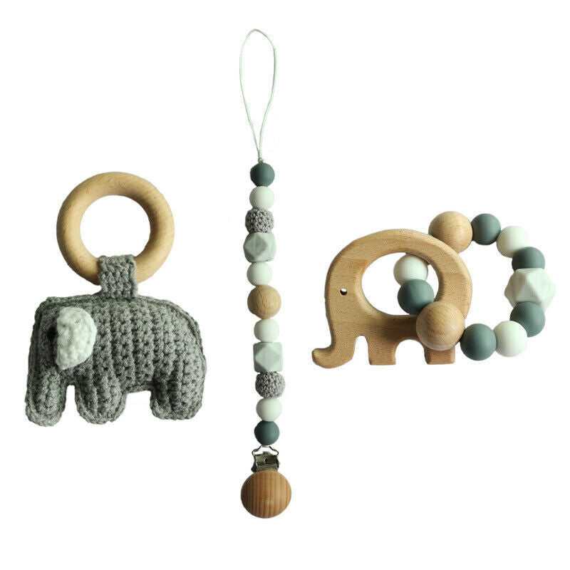 Pacifier Clip Crochet Elephant Rattle Toy Set - Grey