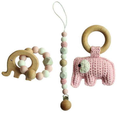 Pacifier Clip Crochet Elephant Rattle Toy Set - Pink