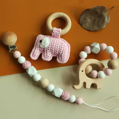 Pacifier Clip Crochet Elephant Rattle Toy Set - Pink