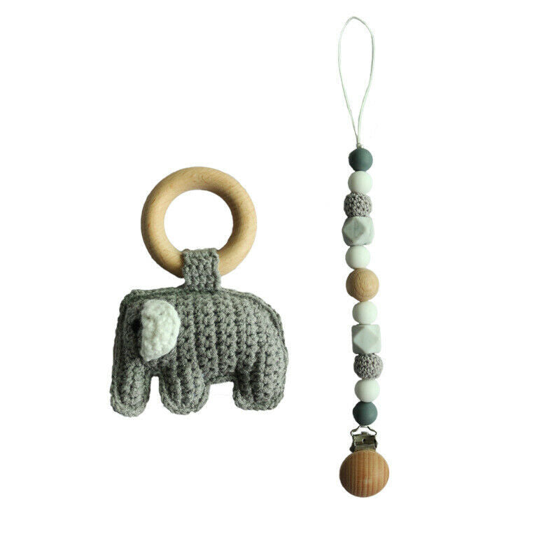 Pacifier Clip Crochet Elephant Rattle Toy Set - Grey