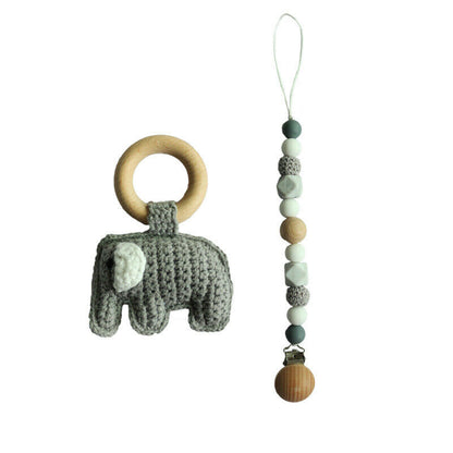 Pacifier Clip Crochet Elephant Rattle Toy Set - Grey