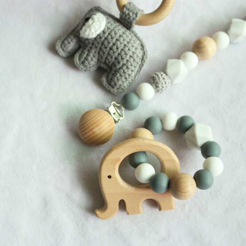 Pacifier Clip Crochet Elephant Rattle Toy Set - Grey