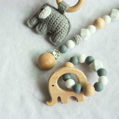 Pacifier Clip Crochet Elephant Rattle Toy Set - Grey