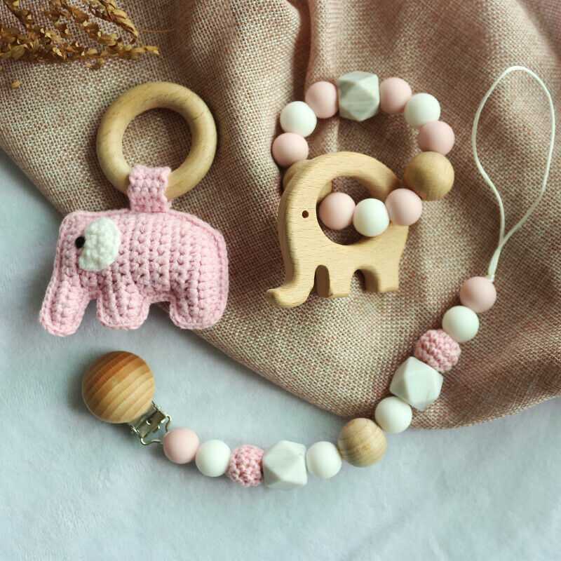 Pacifier Clip Crochet Elephant Rattle Toy Set - Pink