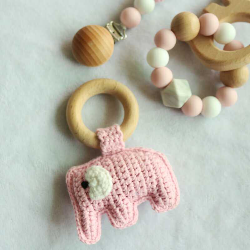 Pacifier Clip Crochet Elephant Rattle Toy Set - Pink