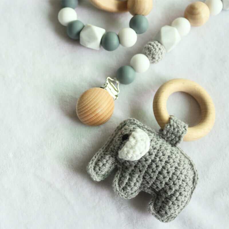 Pacifier Clip Crochet Elephant Rattle Toy Set - Grey