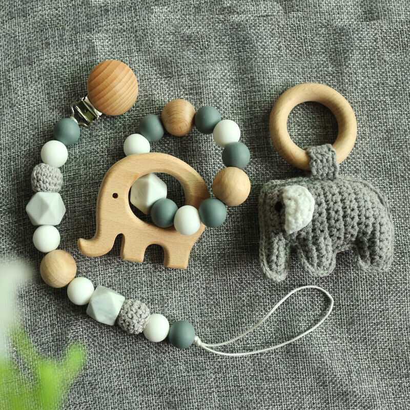 Pacifier Clip Crochet Elephant Rattle Toy Set - Grey