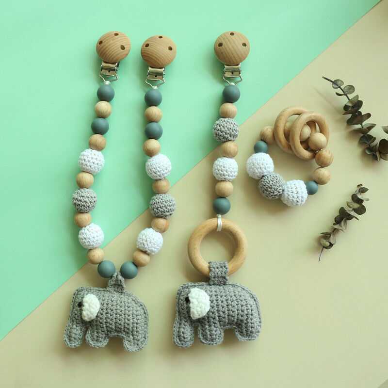 Crochet Elephant Pram Garland Rattle Set - Grey