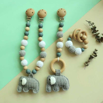 Crochet Elephant Pram Garland Rattle Set - Grey