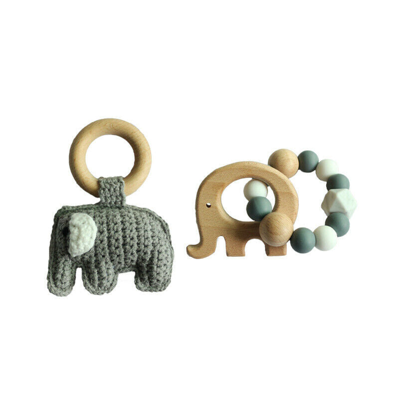 Pacifier Clip Crochet Elephant Rattle Toy Set - Grey