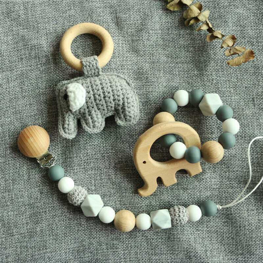 Pacifier Clip Crochet Elephant Rattle Toy Set - Grey