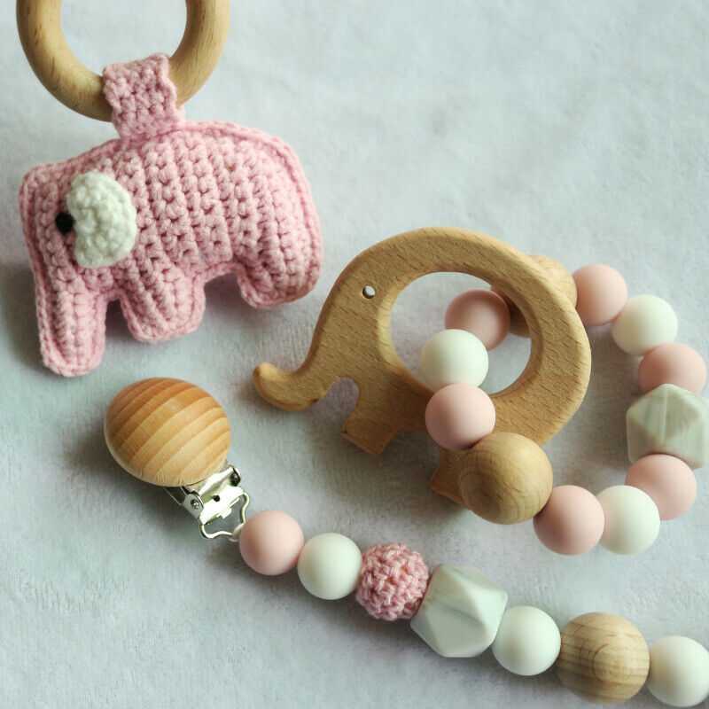 Pacifier Clip Crochet Elephant Rattle Toy Set - Pink