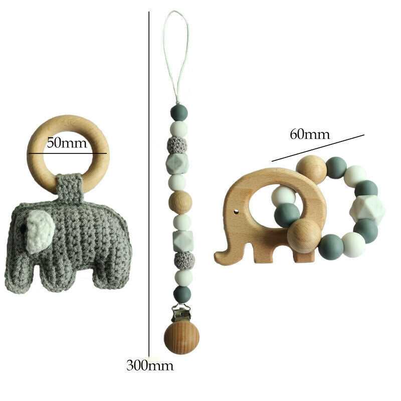 Pacifier Clip Crochet Elephant Rattle Toy Set - Grey