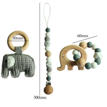Pacifier Clip Crochet Elephant Rattle Toy Set - Grey