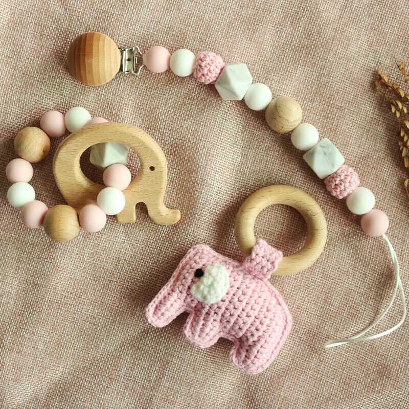 Pacifier Clip Crochet Elephant Rattle Toy Set - Pink