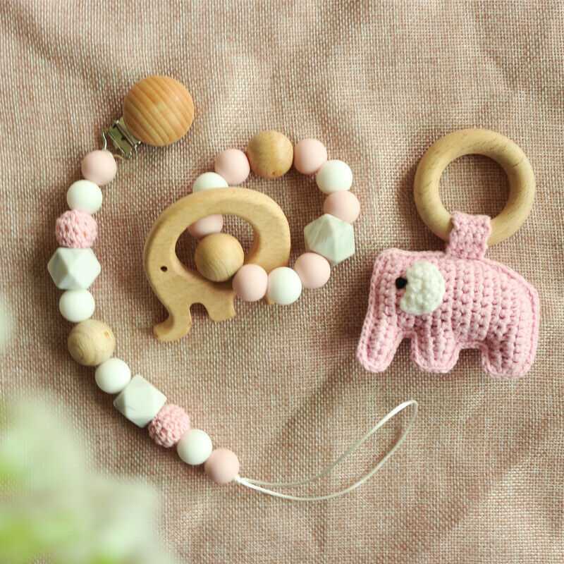 Pacifier Clip Crochet Elephant Rattle Toy Set - Pink