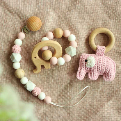 Pacifier Clip Crochet Elephant Rattle Toy Set - Pink