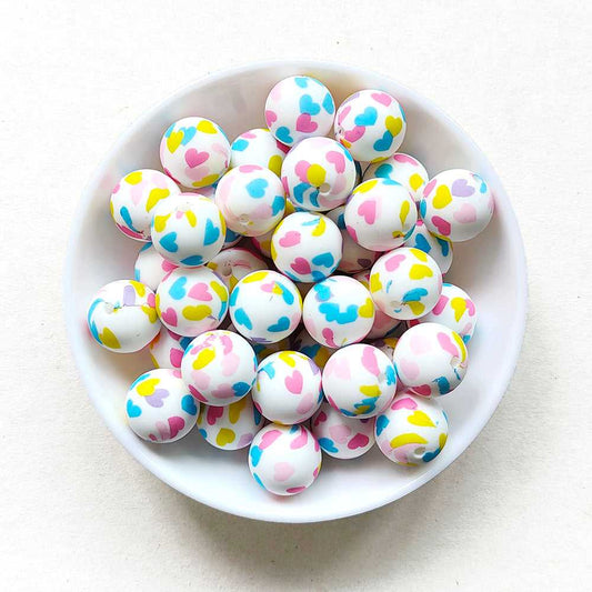 12/15mm Colorful Heart Print Silicone Beads - Round - #118