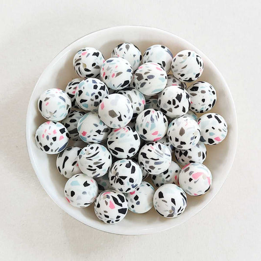12/15mm White Terrazzo Silicone Beads - Round - #18