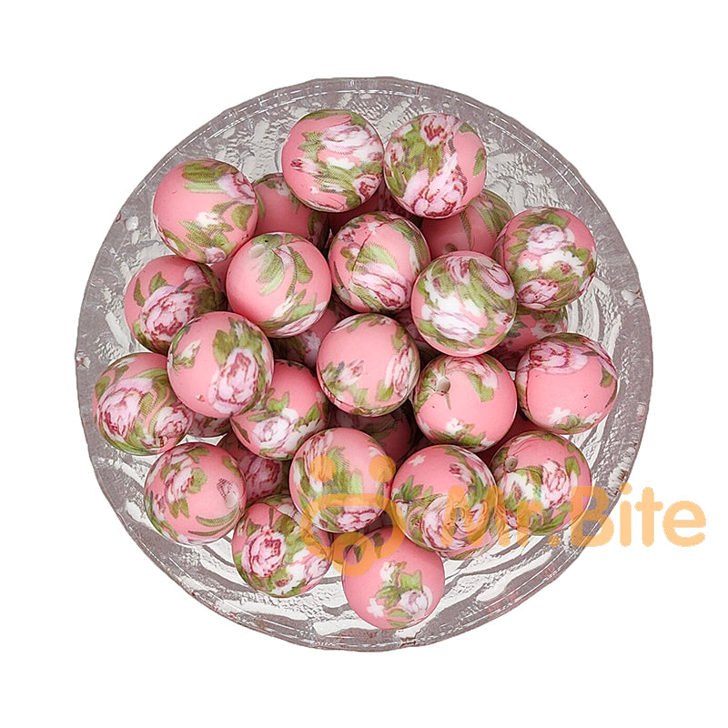 15mm Flower Print Silicone Beads - Round