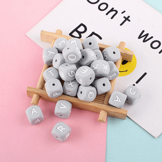 Grey Letters Silicone Beads 12*12mm
