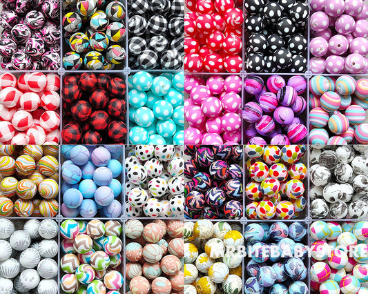 12/15mm Print Silicone Beads, #49 - #77