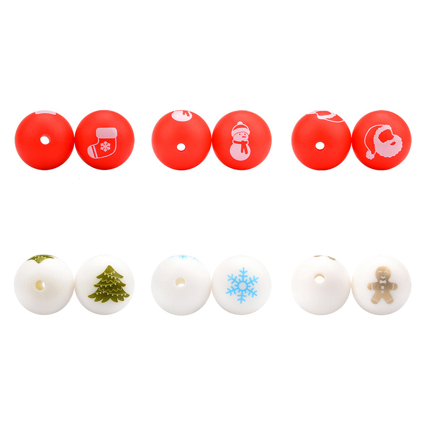 Christmas Beads Snowman Snowflake Tree 15mm Round Silicone Beads