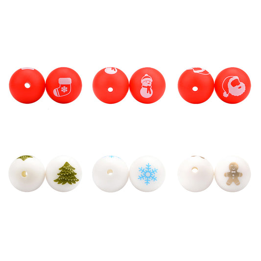 Christmas Beads Snowman Snowflake Tree 15mm Round Silicone Beads