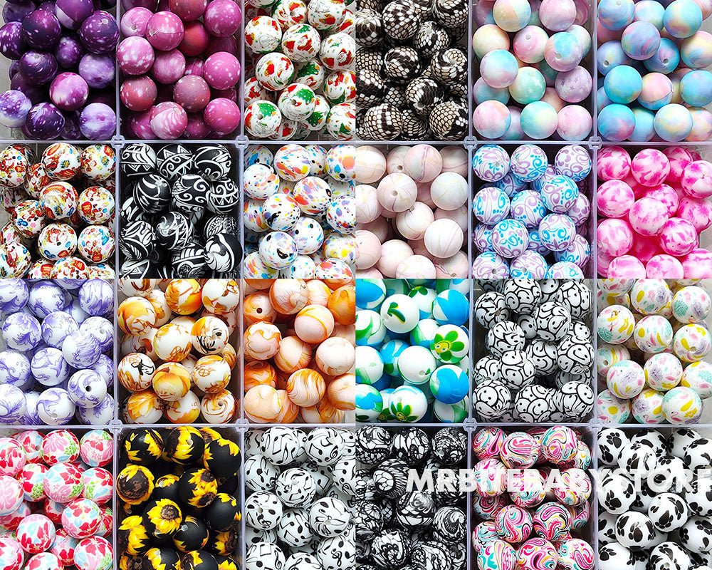 12/15mm Print Silicone Beads, #25 - #48