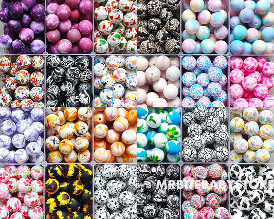 12/15mm Print Silicone Beads, #25 - #48